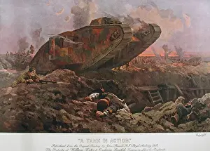 Impressions de Le char en action : reproduit de l'original peinture par John Hassall pour William Foster et Co.Ltd Ingénieurs à Lincoln Angleterre .John Hassall ,Ri,Rwa (1868 - 1948) Lincoln Impressions: Le char en action