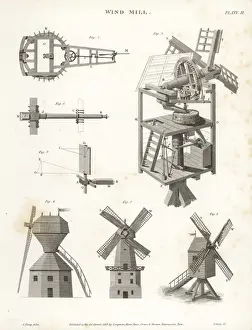 Abraham Rees Cyclopedia Prints Impressions: Windmill elevation, plan, side, showing power