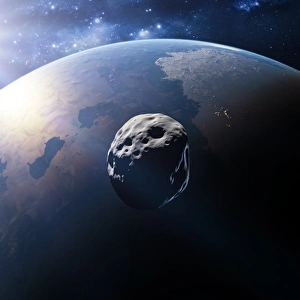 Impressions de Alien planet and asteroid. Computer artwork of an asteroid heading towards an Earth-like alien planet Images datées de 2009 juin: Planète extraterrestre et astéroïde