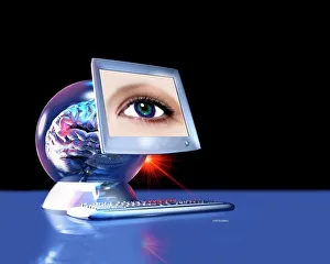 Impressions de L'intelligence artificielle. L'artwork informatique conceptuel d'un cerveau à l'intérieur d'une machine, représentant des ordinateurs intelligents. La fenêtre de la console affiche un œil humain Images datées de 2003 mars: Intelligence artificielle
