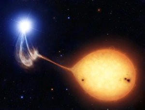 Impressions de Les étoiles binaires polaires sont des étoiles variables à période courte qui emettent des rayons-X. Elles se composent d'une étoile normale (gauche) dans orbite mutuelle avec un nain blanc (droit) Images datées de 2012 septembre: L'œuvre d'art d'une étoile binaire de l'Hercule