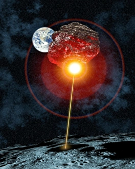 Impressions de Astéroïde déviation. L'art de la computer est un laser (sur la lune) utilisé pour dévier une astéroïde du cours d'impact avec Terre Images datées de 2004 août: Défense des astéroïdes
