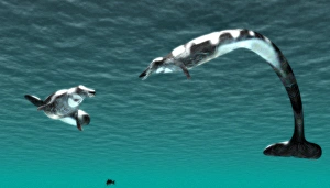 Impressions de Basilosauruses, œuvres d'art informatique. Le basilosaurus était une baleine ancienne qui habitait les mers au cours de l'époque éocène tardive, entre 45 et 36 millions d'années Images datées de 2006 septembre: Basilosauruses