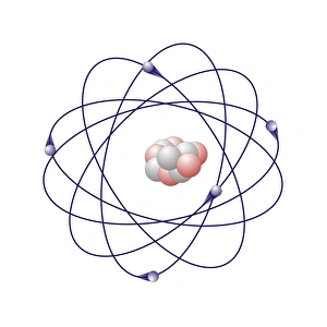 Impressions de Le boryne a six neutres blancs et cinq protones rose dans son noyau central. L'atome possède également cinq électrons bleus qui orbent autour du noyau Images datées de 2010 novembre: Modèle atomique du boryon