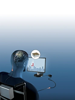 Impressions de Interface cerveau-ordinateur. Une œuvre d'art montrant un homme paralysé utilisant ses pensées pour jouer à un jeu vidéo sur ordinateur Images datées de 2007 septembre: Interface cerveau-ordinateur, œuvre d'art