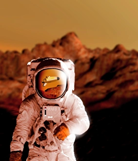Impressions de Un astronaute sur Mars. L'artwork informatique d'un astronaute en exploration du sol de la planète Marte. Le verre de l'astronaute reflète une navette spatiale Images datées de 1998 août: Artwork informatique d'un astronaute sur la surface du Marteau