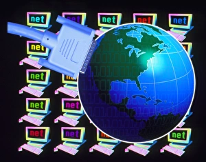 Images datées de 1997: Art informatique de serveurs réseau et globe.