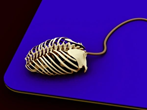 Impressions de Le squelette du souris ordinateur : une œuvre d'art informatique conceptuelle représentant un souris ordinateur sous forme de squelette Images datées de 2005 avril: Os du souris informatique, œuvre d'art informatique