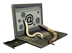 Impressions de Le ver à moelle informatique. Artwork conceptuel d'art informatique de vers qui émergent d'une écran de laptop ordinateur Images datées de 2006 août: Poussière informatique