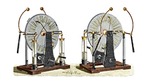 Impressions de Les générateurs électrostatiques. L'œuvre d'art historique de deux machines Wimshurst vues du devant (gauche) et derrière (droite) Images datées de 2006 décembre: Les générateurs électrostatiques, 1900