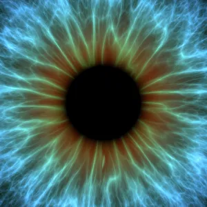 Impressions de L'œil. Artwork informatique d'une vue rapprochée de l'iris et du pupille de l'yeu. L'iris, un anneau musculaire coloré régule la quantité de lumière qui entre dans le yeu par le pupille (noir) Images datées de 2011 avril: Iris de l'œil