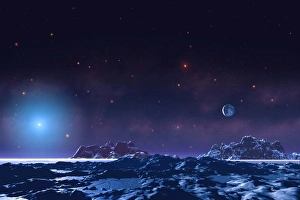 Impressions de Terre future. L'art de la surface d'une Terre future désolée en orbite autour du Soleil (bleu, bas gauche), qui est devenu une naine blanche. La Lune se trouve au centre droit Images datées de 2004 novembre: Terre future