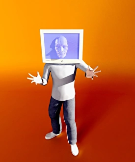 Impressions de L'homme avec un écran de ordinateur sur la tête, l'artwork informatique Images datées de 2005 juillet: L'homme avec l'écran de ordinateur sur la tête, œuvre d'art