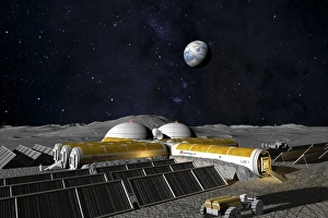 Impressions de Base lunaire. L'artwork informatique du computer représentant ce que pourrait ressembler une future base américaine sur la Lune Images datées de 2008 mai: Base de la lune, œuvre d'art informatique