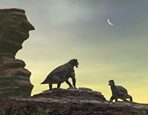 Impressions de Moschops. Artwork of two Moschops about to fight on a sandstone mesa. This reptile lived around 255 million years ago in what is today the Karoo region of South Africa Images datées de 2010 juin: Moschospe, œuvre d'art