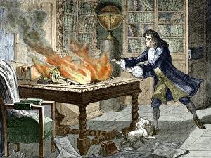 Sir Isaac Newton Impressions: Les notes d'Opticks de Newton en flammes, 1692.