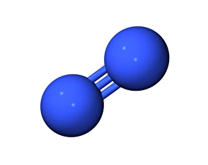 Impressions de Molecule de nitrogène. Modèle informatique d'une molécule de nitrogène (N2). Les deux atomes de nitrogène sont liés par un lien covalent triple Images datées de 2006 avril: Molecule d'azote