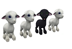 Impressions de L'élément isolé : Artwork informatique conceptuel d'un mouton noir parmi trois moutons blancs Images datées de 2006 août: Le casse-tête