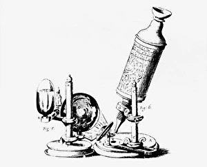 Images datées de 1986: Le microscop de Robert Hooke dans Micrographia en 1665