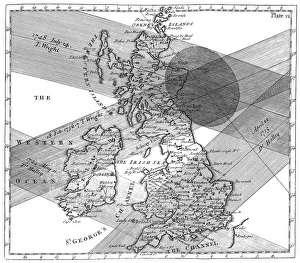 Impressions de Les chemins des éclipses solaires. Carte historique des chemins de quatre éclipses solaires sur le Royaume-Uni au XVIII siècle Images datées de 2003 juillet: Chemins d'océlasse solaire