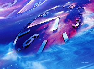 Impressions de L'espace-temps Conceptuelle œuvre d'art de face d'une montre sur fond de étoiles. Cela représente la notion de l'espace-temps, où le temps n'est pas invariant et dépend du structure spatiale Images datées de 2003 novembre: Space-time