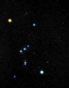 Impressions de La constellation d'Orion est le trait de caractère le plus visible du ciel nocturne. Le ceinturon d'Orion se compose de trois étoiles brillantes (à gauche, centre et à droite) Exploration Spatiale Impressions: Constellation d'Orion