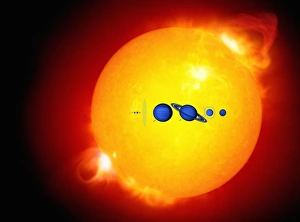 Impressions de Le Soleil et ses planètes. L'artwork des huit planètes du système solaire silhouettées contre le Soleil et disposées de gauche à droite dans leur ordre depuis le Soleil, en échelle Images datées de 2006 décembre: Le soleil et ses planètes