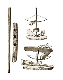 Impressions de Techniques for making fire. Artwork showing three prehistoric ways of making fire. All three use friction to create heat Images datées de 2009 décembre: Les techniques pour faire du feu, l'art de la peinture