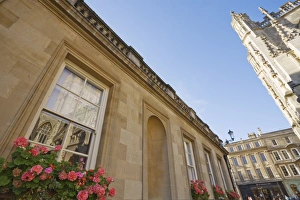 Bath Abbey Impressions: Abbey and reflection in window of Baths, Bath, UNESCO World Heritage Site