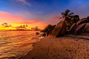 Seychelles Beaches Impressions: Anse Source d Argent Beach at sunset, La Digue, Seychelles, Indian Ocean, Africa