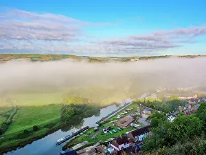 UK Countryside Scenery Impressions: River Ouse and mist, elevated view, Lewes, East Sussex, England, United Kingdom, Europe