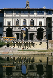Arno River Florence Italy Impressions: The Uffizi reflected in the Arno river