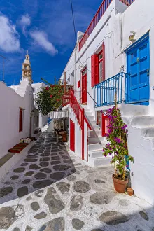 Cyclades Islands Map Impressions: View of whitewashed cobbled street, Mykonos Town, Mykonos, Cyclades Islands