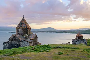 Armenia Travel Destinations Impressions: Sevanavank church on Lake Sevan at sunset, Sevan, Gegharkunik Province, Armenia