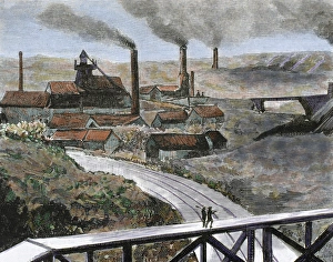 Impressions de La mine de charbon. Mines Herscheuse. Comté de Quaregnon. Belgique. Estampe colorée de 1884 Images datées de 2011 juin: La mine de charbon. Herscheuse Mining