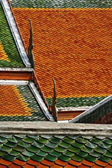 Ceramic Tile Pattern Impressions: Pattern in ceramic tiles on overlapping rooftops, Wat Pho, Bangkok, Thailand