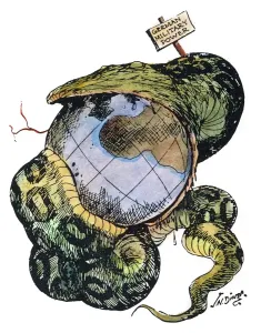 World War I Propaganda Impressions: CARTOON: ANTI-GERMAN, c1917. The Python. A militarily strong Germany swallows up the world