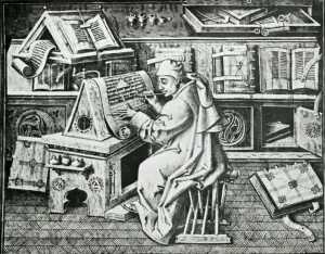 Religious Art History Impressions: Monk Working on Scriptural Document