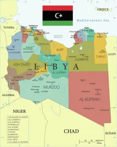 Impressions de La Libye est une nation africaine située en Afrique du Nord, le long de la mer Méditerranée. La Libye partage des frontières avec l'Égypte, le Soudan, le Tchad, le Niger, l'Algérie et la Tunisie Libye Impressions: Carte de Référence de la Libye avec Clés.