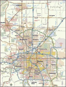 Carte de la région de Denver, Colorado.