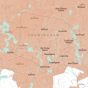 Digital City Maps USA Impressions: MA Middlesex Framingham Vector Road Map