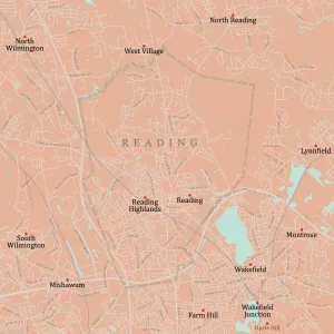 Massachusetts County Map Impressions: MA Middlesex Reading Vector Road Map