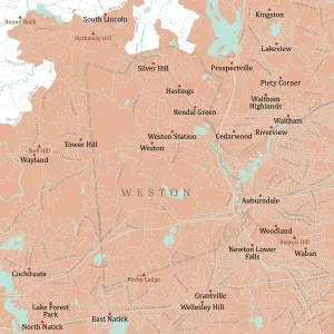 Massachusetts County Map Impressions: MA Middlesex Weston Vector Road Map