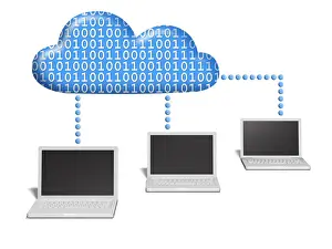 Cloud Computing Concept Impressions: Three notebooks connected to a cloud which is filled with binary code