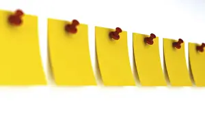 White Background Office Supplies Impressions: Notes with push pins, 3D rendering