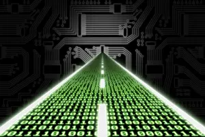 Computer Science Illustration Impressions: Road made of binary code leading towards a stylized circuit board