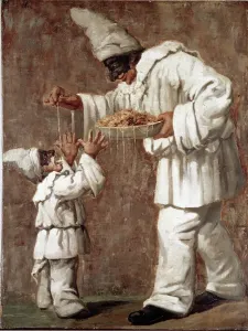 Pulcinella donnant de la pâtes à un petit Pulcinella, 19e siècle (peinture).