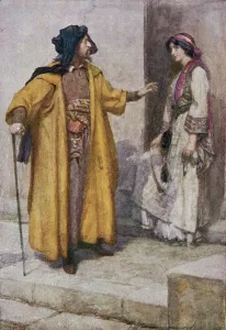 Shylock lui a donné ses clés et a prié de veiller à la maison, illustration de Le Marchand de Venise dans Les Contes de Shakespeare : Retold par Thomas Carter publié vers 1910 (lithographie en couleur).