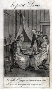 Black And White Domestic Scene Impressions: Little dinner. Olympe de Gouges (1748-1793), French woman of letters
