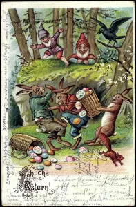 Easter Egg Hunt Postcard Impressions: Congratulations Easter, Easter bunnies fighting for Easter eggs